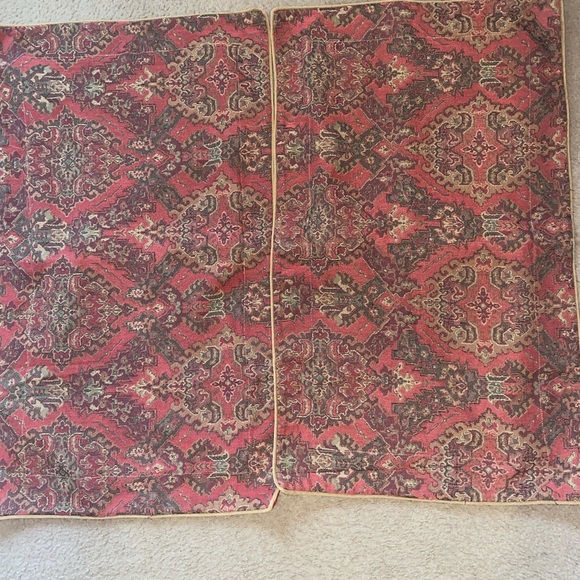 2 Vintage King Size 18 x 33” Woven Tapestry Crimson Cream Trim Pillow Covers - Picture 8 of 16